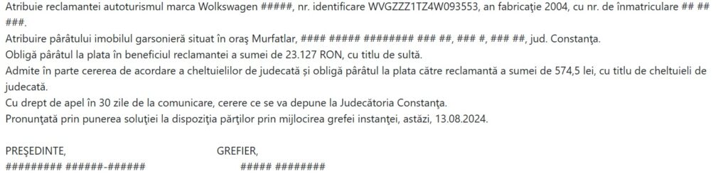 solutie proces partajul bunurilor dupa divort judecatoria constanta