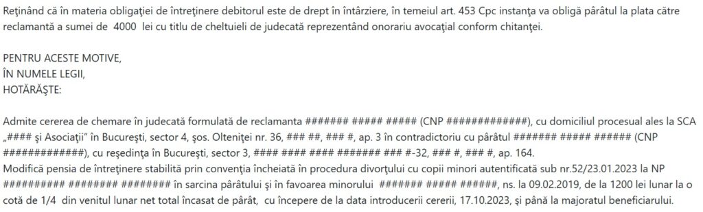 onorariu avocat 4000 lei proces pensie alimentara sector 5 bucuresti