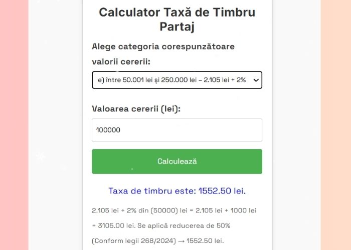 calculator taxa de timbru partaj constanta avocat