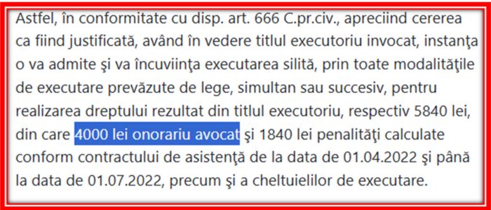 onorariu avocat constanta încuviințare executare silită